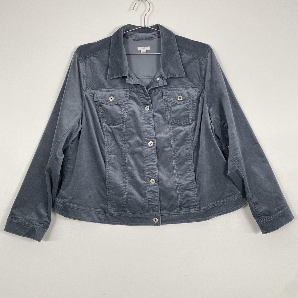 J Jill Velvet Jacket Womens XL Blue Snap Front Denim Trucker Style Cotton Blend